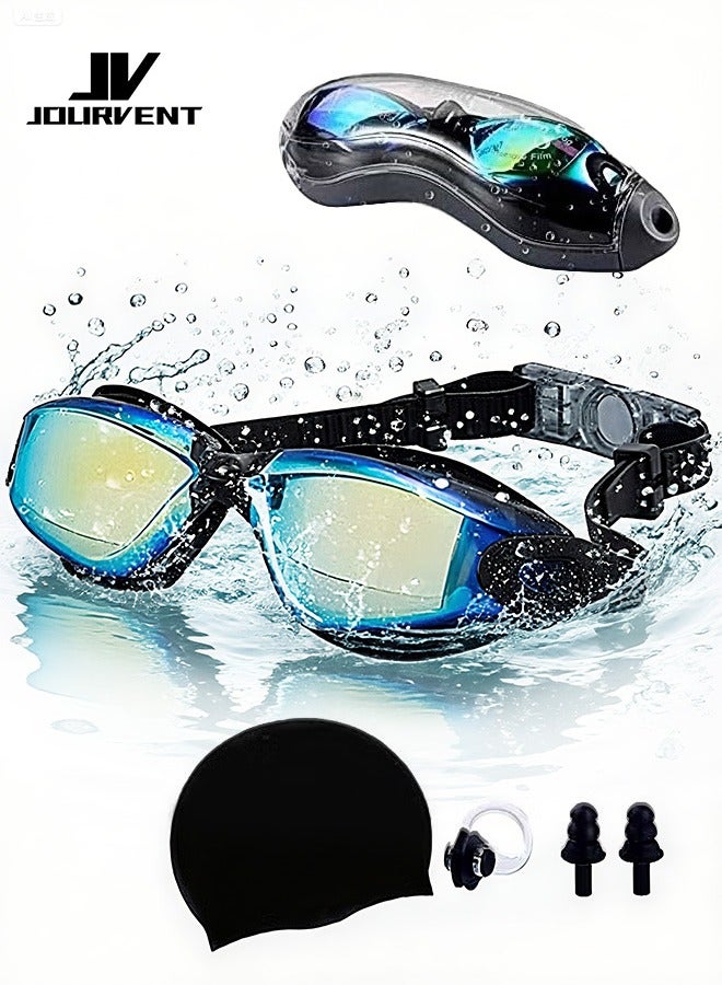 Jourvent 5-in-1 Anti-Fog Pro Swim Goggles Set for Adults with Silicone Swim Cap, Anti-Fog UV Protection,  Clear Vision, 180° Panoramic，Durable PC Material - Waterproof Swimming Accessories Kit with Carry Case, Nose Clip, & Earplugs, Age 14+  - Image 1