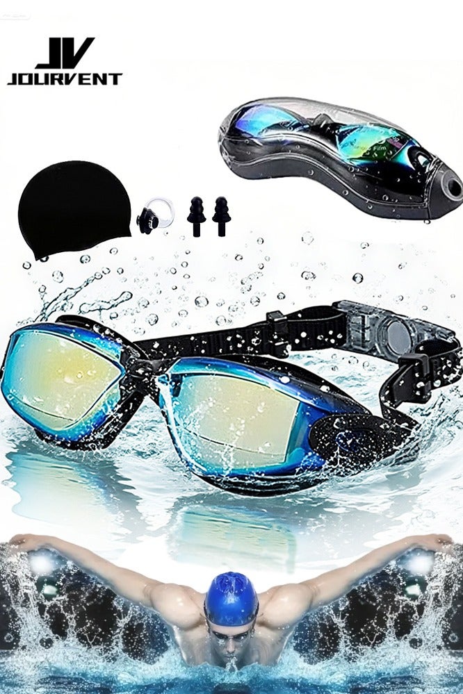 Jourvent 5-in-1 Anti-Fog Pro Swim Goggles Set for Adults with Silicone Swim Cap, Anti-Fog UV Protection,  Clear Vision, 180° Panoramic，Durable PC Material - Waterproof Swimming Accessories Kit with Carry Case, Nose Clip, & Earplugs, Age 14+ - Image 1