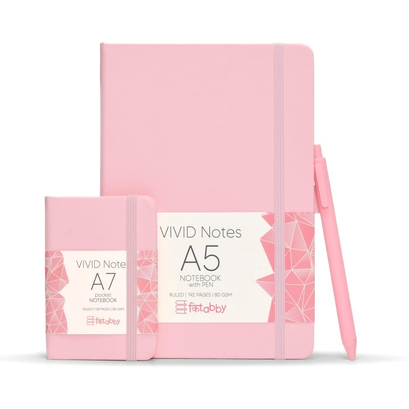 Kitabby | VIVID Notes Combo | A5 Size Hard Bound Notebook with Elastic Band & Pen Loop (Includes Pen,192 Pages-80 GSM) & A7 Pocket Size Notebook (128 Pages-70 GSM) | Natural Shade Paper | Polymer Coated Paper Cover Material – (Baby Pink) - Image 4