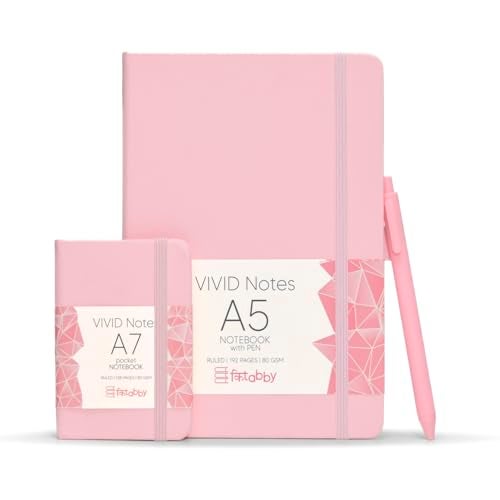 Kitabby | VIVID Notes Combo | A5 Size Hard Bound Notebook with Elastic Band & Pen Loop (Includes Pen,192 Pages-80 GSM) & A7 Pocket Size Notebook (128 Pages-70 GSM) | Natural Shade Paper | Polymer Coated Paper Cover Material – (Baby Pink) - Image 1