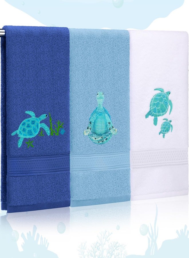 Mindsoft 3 Pcs Sea Turtle Hand Towels for Bathroom Sea Turtle Bathroom Decor Gifts 100% Cotton Embroidered Coastal Beach Hand Towels 27.6 x 15.7 Inch Soft Absorbent - Image 1