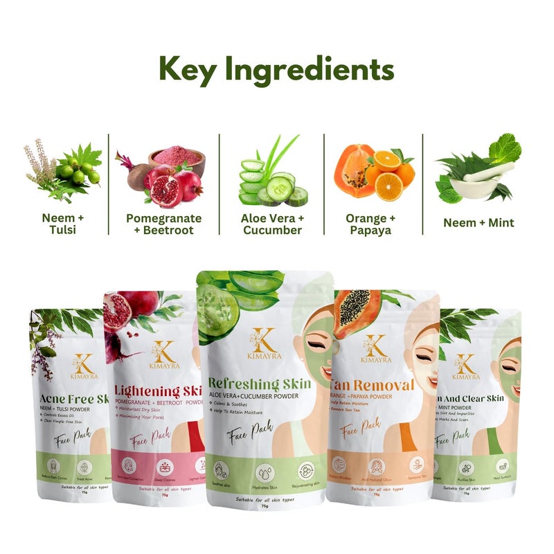 Kimayra Tanning Face Pack Combo Powder for Natural Brightening Skin Skin Care Combo Powder Aloevera Cucumber Neem Tulsi Pomegranate Beetroot Neem Mint Orange Papaya375Gm75G X 5Pack - Image 3
