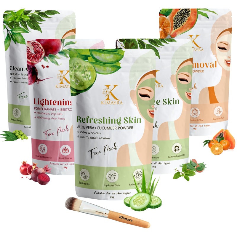 Kimayra Tanning Face Pack Combo Powder for Natural Brightening Skin Skin Care Combo Powder Aloevera Cucumber Neem Tulsi Pomegranate Beetroot Neem Mint Orange Papaya375Gm75G X 5Pack - Image 1