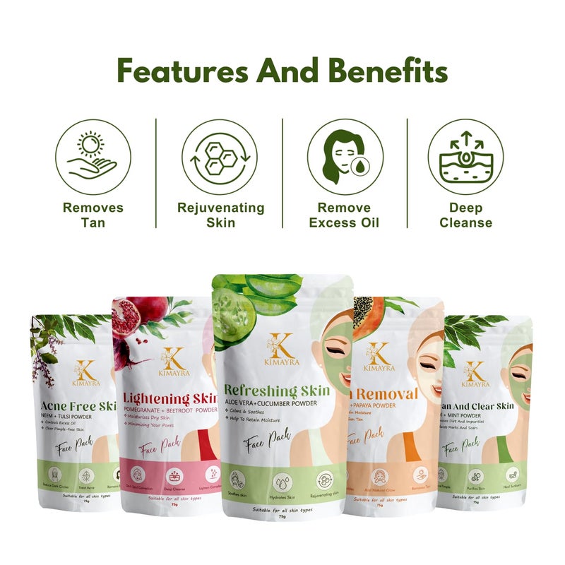 Kimayra Tanning Face Pack Combo Powder for Natural Brightening Skin Skin Care Combo Powder Aloevera Cucumber Neem Tulsi Pomegranate Beetroot Neem Mint Orange Papaya375Gm75G X 5Pack - Image 2
