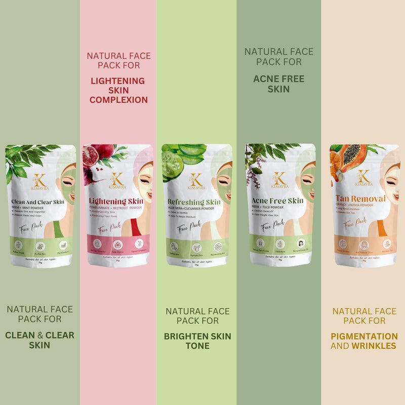 Kimayra Tanning Face Pack Combo Powder for Natural Brightening Skin Skin Care Combo Powder Aloevera Cucumber Neem Tulsi Pomegranate Beetroot Neem Mint Orange Papaya375Gm75G X 5Pack - Image 5