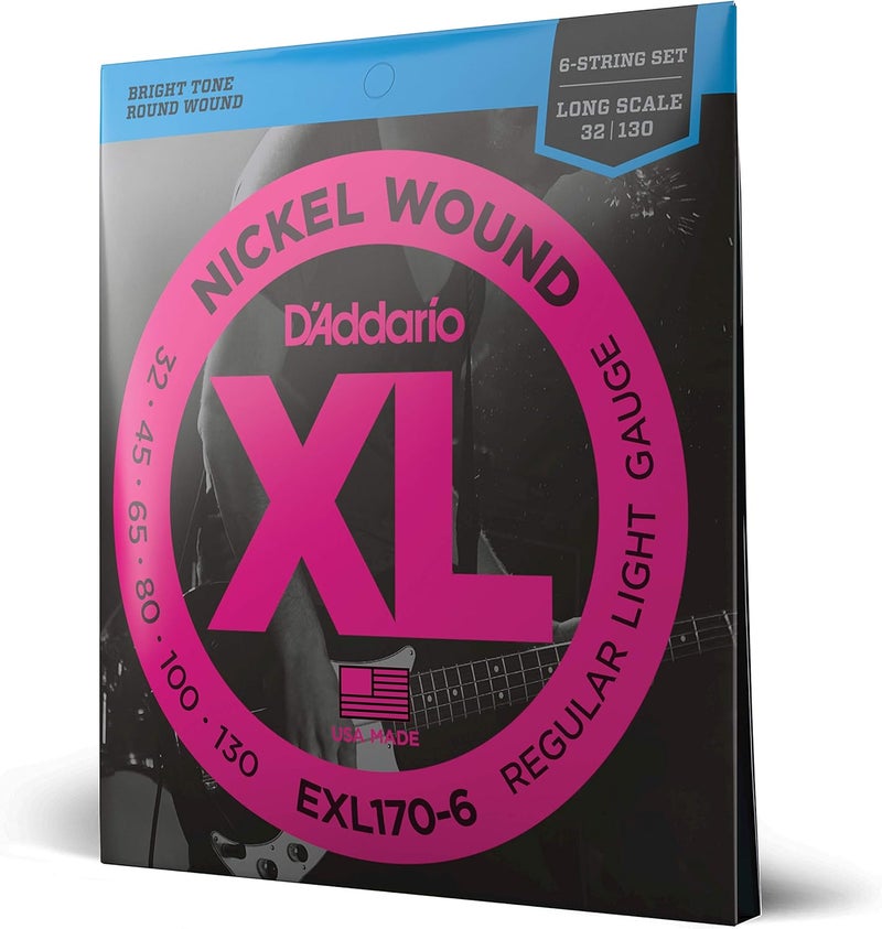 D'Addario أوتار جيتار البيس د'أداريوا XL مغلفة بالنيكل - EXL170-6 - مجموعة 6 أوتار، قياس خفيف عادي 32-130 للتنغيم المثالي والمتانة - Image 1