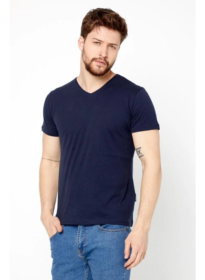 Mmetalic Men's Indigo 100% Cotton Basic Regular Fit Short Sleeve V-Neck T-Shirt