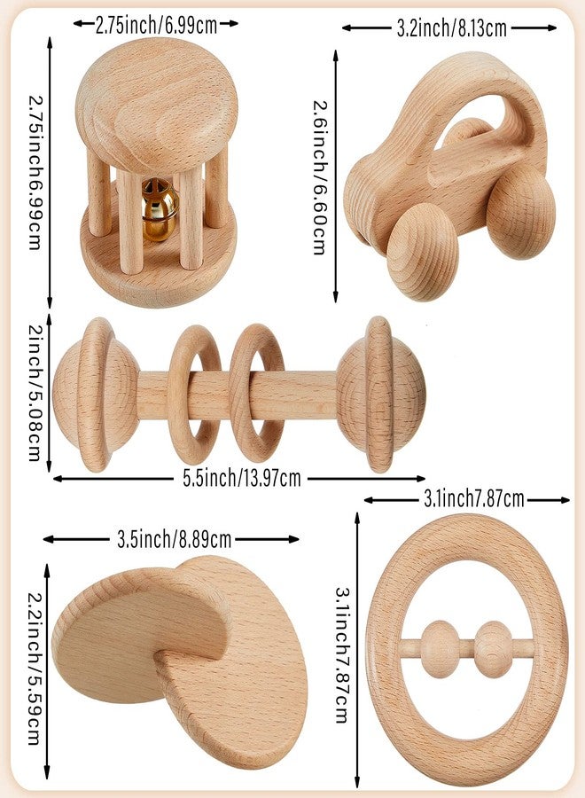 Zhanmai 5 Pieces Wooden Baby Toys Wooden Toys for Babies 0-6-12 Months Wood Toys Rattles with Bells Montessori Wood Baby Push Car Wooden Newborn Toy for Infant Boys and Girls Gifts - Image 2