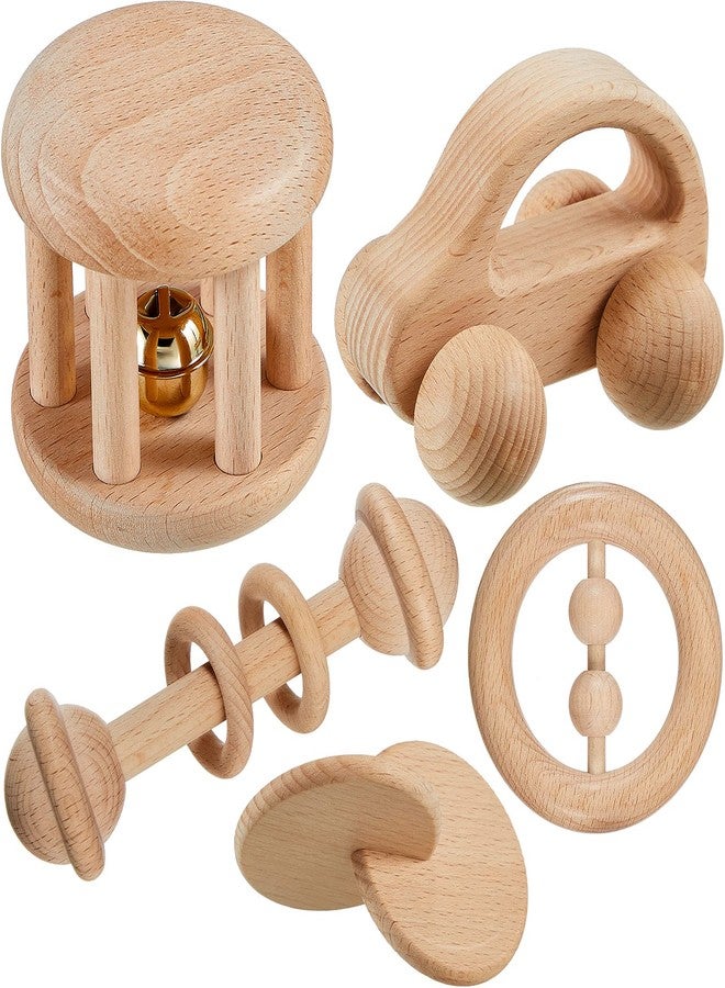 Zhanmai 5 Pieces Wooden Baby Toys Wooden Toys for Babies 0-6-12 Months Wood Toys Rattles with Bells Montessori Wood Baby Push Car Wooden Newborn Toy for Infant Boys and Girls Gifts - Image 1