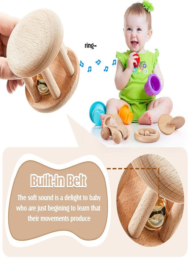 Zhanmai 5 Pieces Wooden Baby Toys Wooden Toys for Babies 0-6-12 Months Wood Toys Rattles with Bells Montessori Wood Baby Push Car Wooden Newborn Toy for Infant Boys and Girls Gifts - Image 3