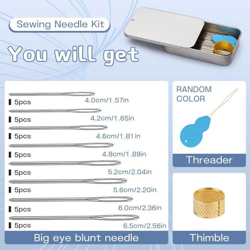 TLKKUE 100/40 Pcs Large-Eye Blunt Needles, Tapestry Needle with Needle Threader Thimble, Steel Yarn Needles for Sewing Knitting Crafting Weaving Crochet Tapestry (Silver, 8 sizes/40 pcs) - Image 2