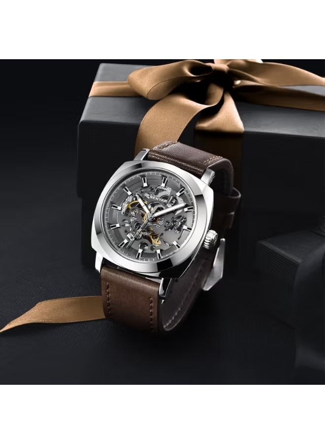 BENYAR Automatic Watches for Men | Skeleton Mechanical Leather Strap Mens Watch | 45mm Dial | 30M Waterproof | Men's Stylish Gift - Image 5
