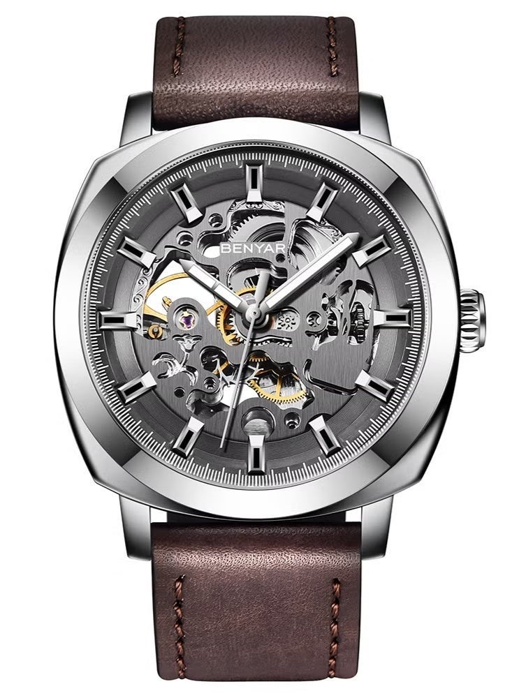 BENYAR Automatic Watches for Men | Skeleton Mechanical Leather Strap Mens Watch | 45mm Dial | 30M Waterproof | Men's Stylish Gift - Image 1