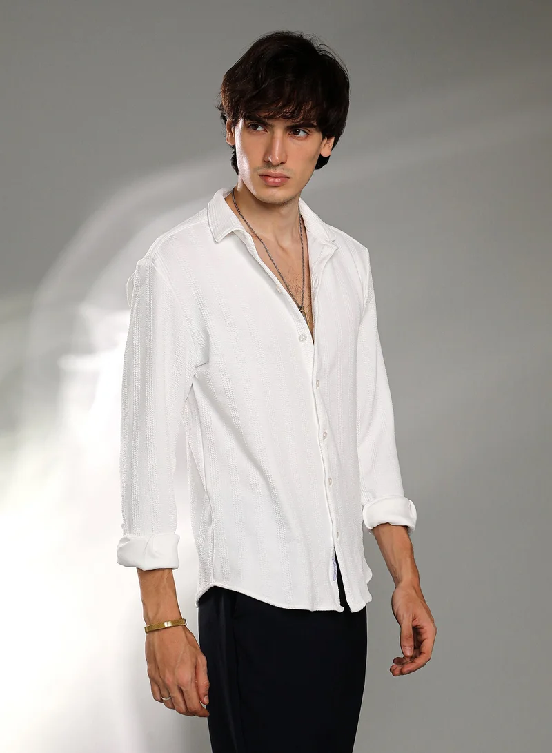 CAHOOT  Men's Chalk White Rope-Textured Shirt For Casual Wear | Spread Collar | Long Sleeve | Button Closure | Shirt Crafted With Comfort Fit For Everyday Wear for Men | Best Price UAE
