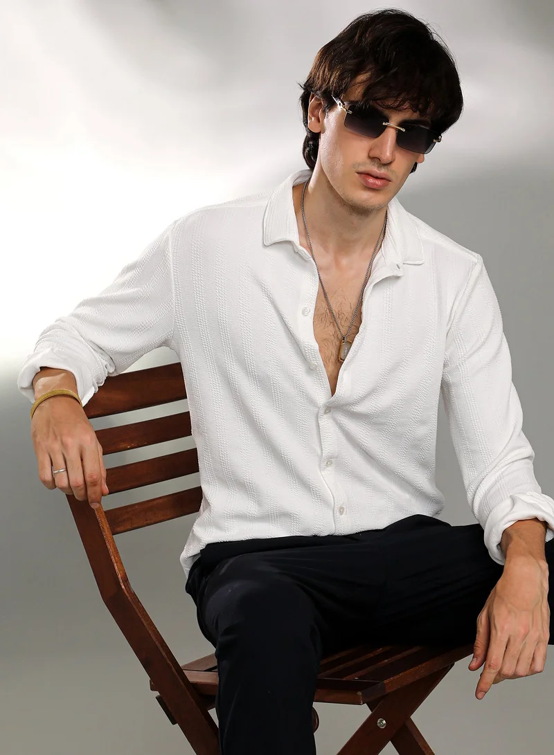 CAHOOT  Men's Chalk White Rope-Textured Shirt For Casual Wear | Spread Collar | Long Sleeve | Button Closure | Shirt Crafted With Comfort Fit For Everyday Wear for Men | Best Price UAE