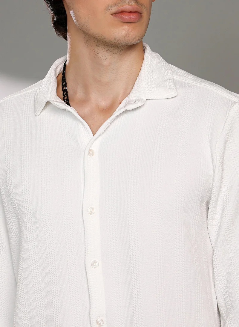 CAHOOT  Men's Chalk White Rope-Textured Shirt For Casual Wear | Spread Collar | Long Sleeve | Button Closure | Shirt Crafted With Comfort Fit For Everyday Wear for Men | Best Price UAE