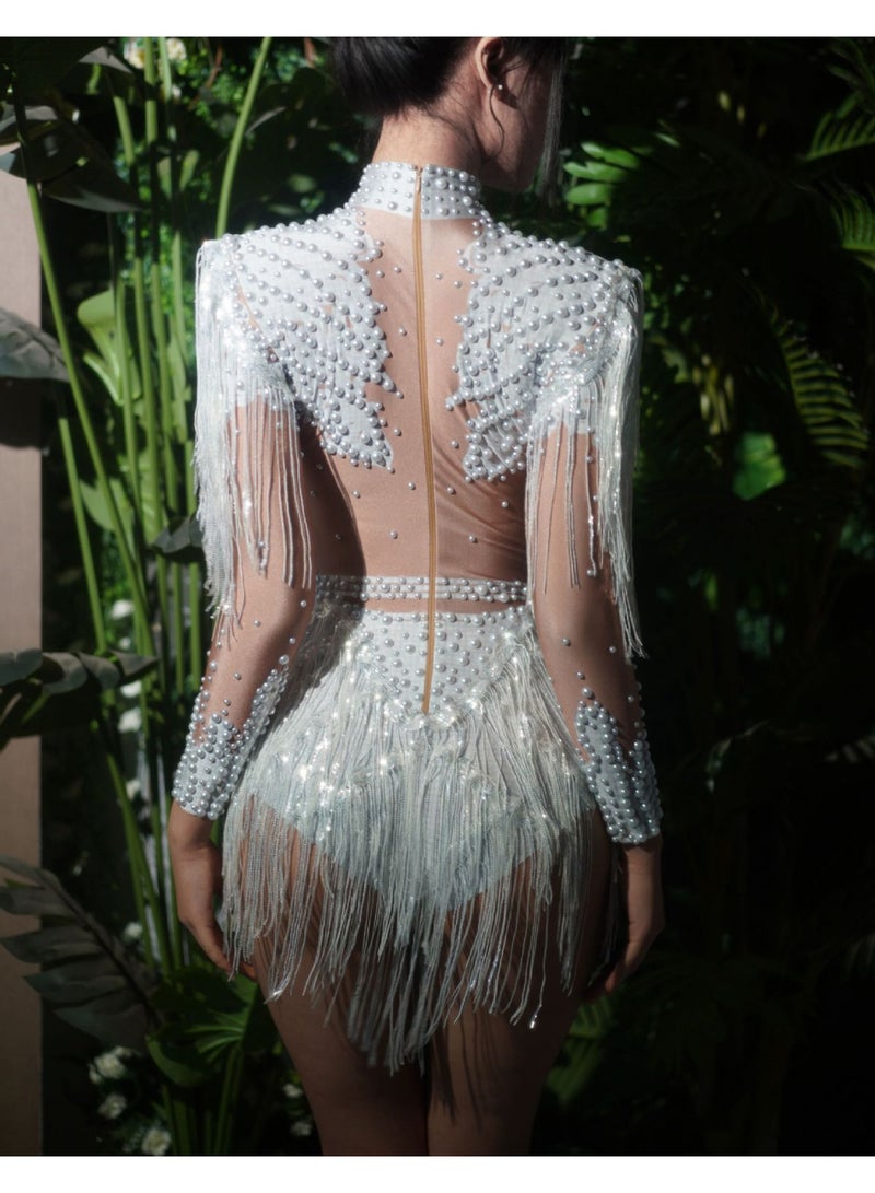 Women Sparkly Rhinestone Sequin Tassel Stretch Bodysuits 2026 New Arrival Birthday Party Nightclub Dj Stage Performance Costume - Image 2