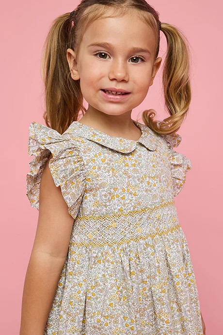 R&B Floral Print Flared Dress with Peter Pan Collar Neck and Flutter Sleeves
