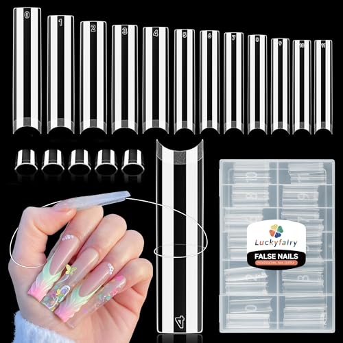 Luckyfairy XXL Nail Tips Square 120 Pcs 12 Sizes - No C Curve Flat Square Pre-buff 2XL Half Cover Tapered Gel Acrylic Nail Tips False Nails Gelly Tips for DIY Nail Art Salon - Image 1