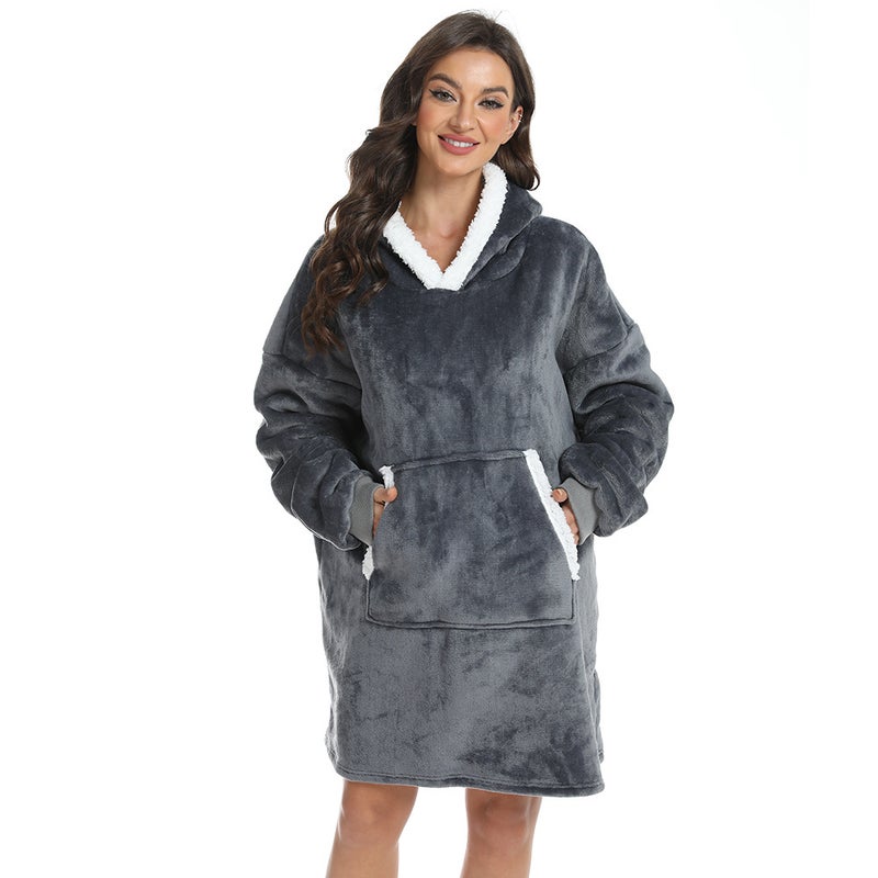 Cross-border winter long-sleeved dark gray flannel composite hooded sweater casual home clothing TV blanket D14 dark gray