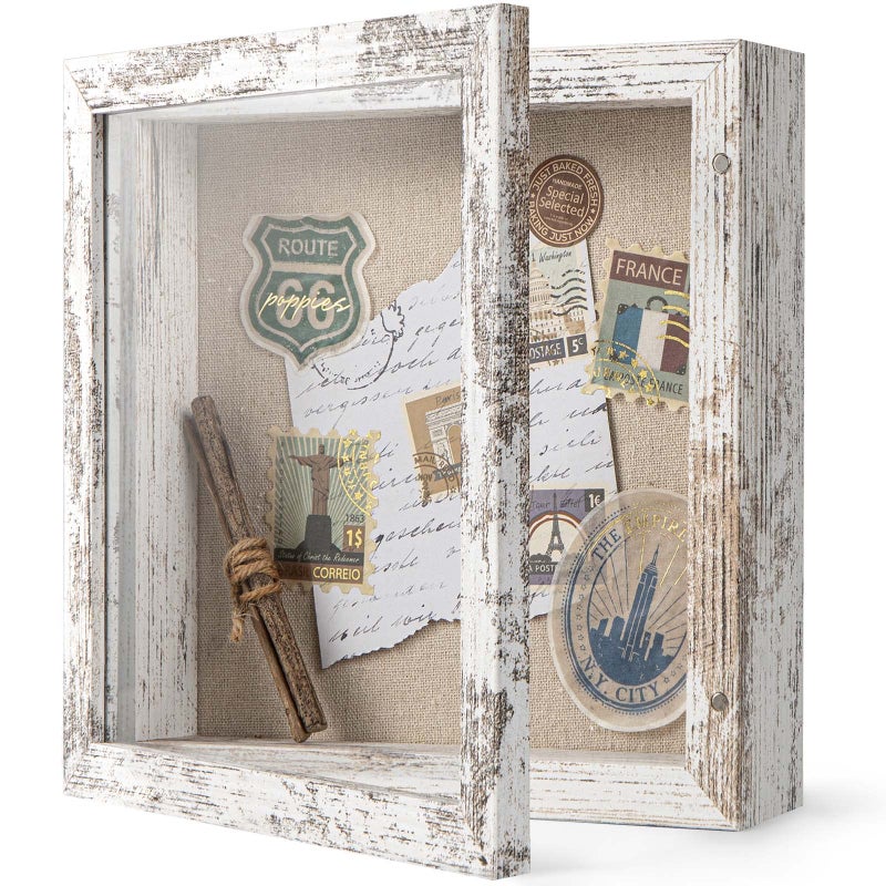 8x8 Shadow Box Frame with Soft Linen Back  Easy Opening Memory Display Case of Flower Pictures Art and More Rustic White