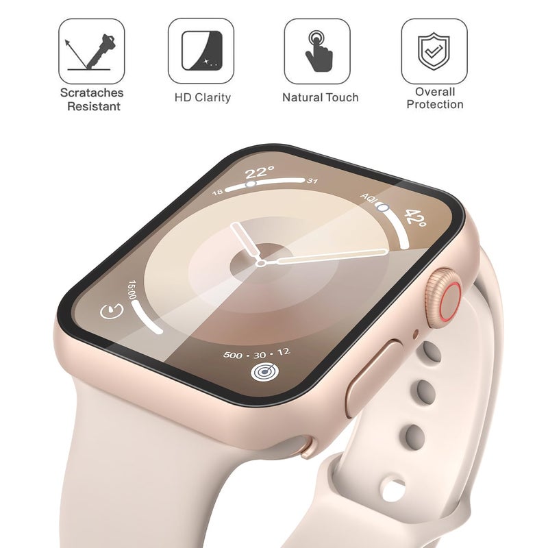 Misxi 2 Pack Tempered Glass Case Compatible for Apple Watch Series 9 Series 8 Series 7 41mm, Hard PC Screen Protector Overall Protection Scratch-Resistant Cover for iWatch, 1 Rose Gold + 1 Transparent - Image 3