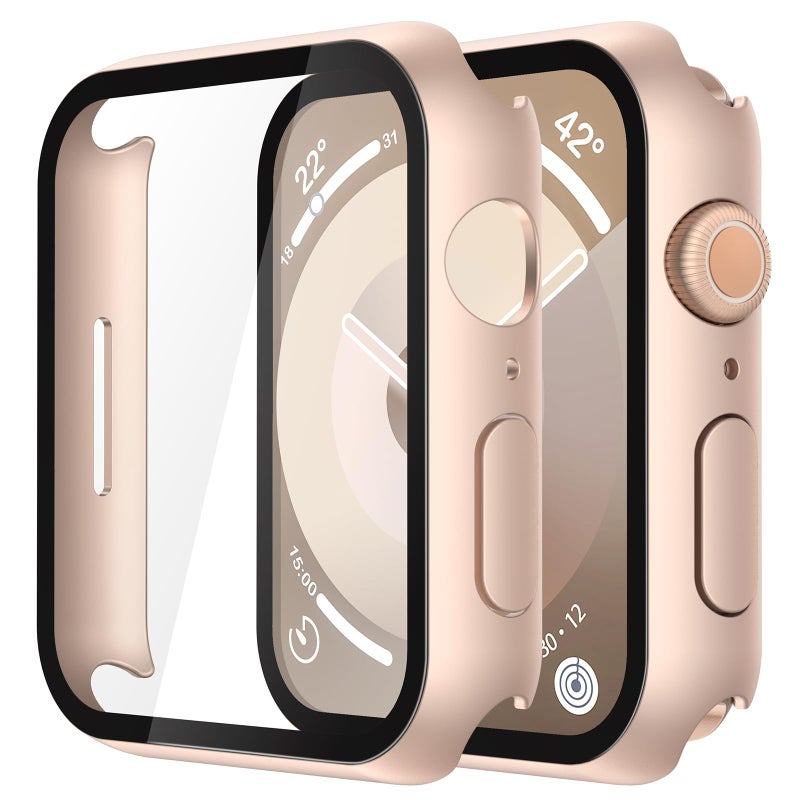 Misxi 2 Pack Tempered Glass Case Compatible for Apple Watch Series 9 Series 8 Series 7 41mm, Hard PC Screen Protector Overall Protection Scratch-Resistant Cover for iWatch, 1 Rose Gold + 1 Transparent - Image 1