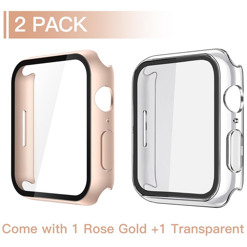 Misxi 2 Pack Tempered Glass Case Compatible for Apple Watch Series 9 Series 8 Series 7 41mm, Hard PC Screen Protector Overall Protection Scratch-Resistant Cover for iWatch, 1 Rose Gold + 1 Transparent - Image 2