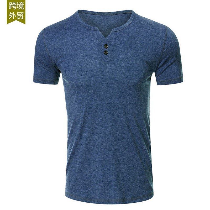Foreign Trade V-neck Short-sleeved T-shirt All-match Solid Color T-shirt Men''s Personality Casual and Henry Top Men''s Wear - Image 2