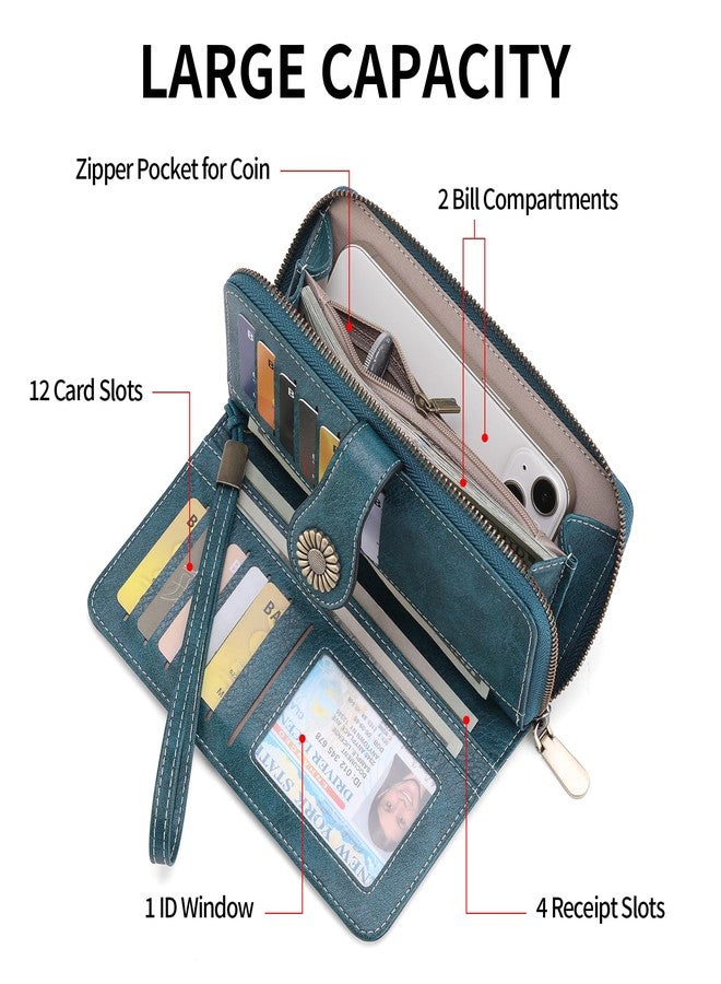 سينديفن محفظة SENDEFN للنساء، محفظة جلدية مانعة لتقنية RFID، سعة كبيرة، حامل بطاقات صغير للمعصم، لون أزرق - Image 2