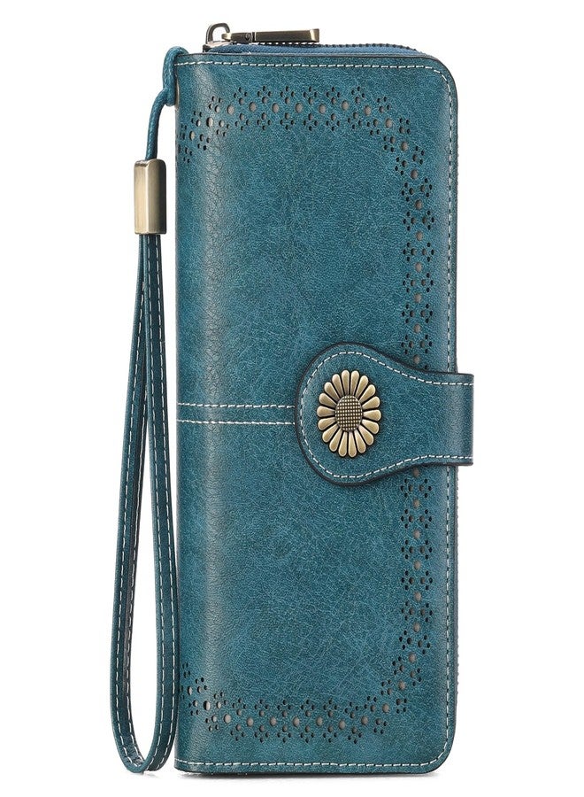 سينديفن محفظة SENDEFN للنساء، محفظة جلدية مانعة لتقنية RFID، سعة كبيرة، حامل بطاقات صغير للمعصم، لون أزرق - Image 1