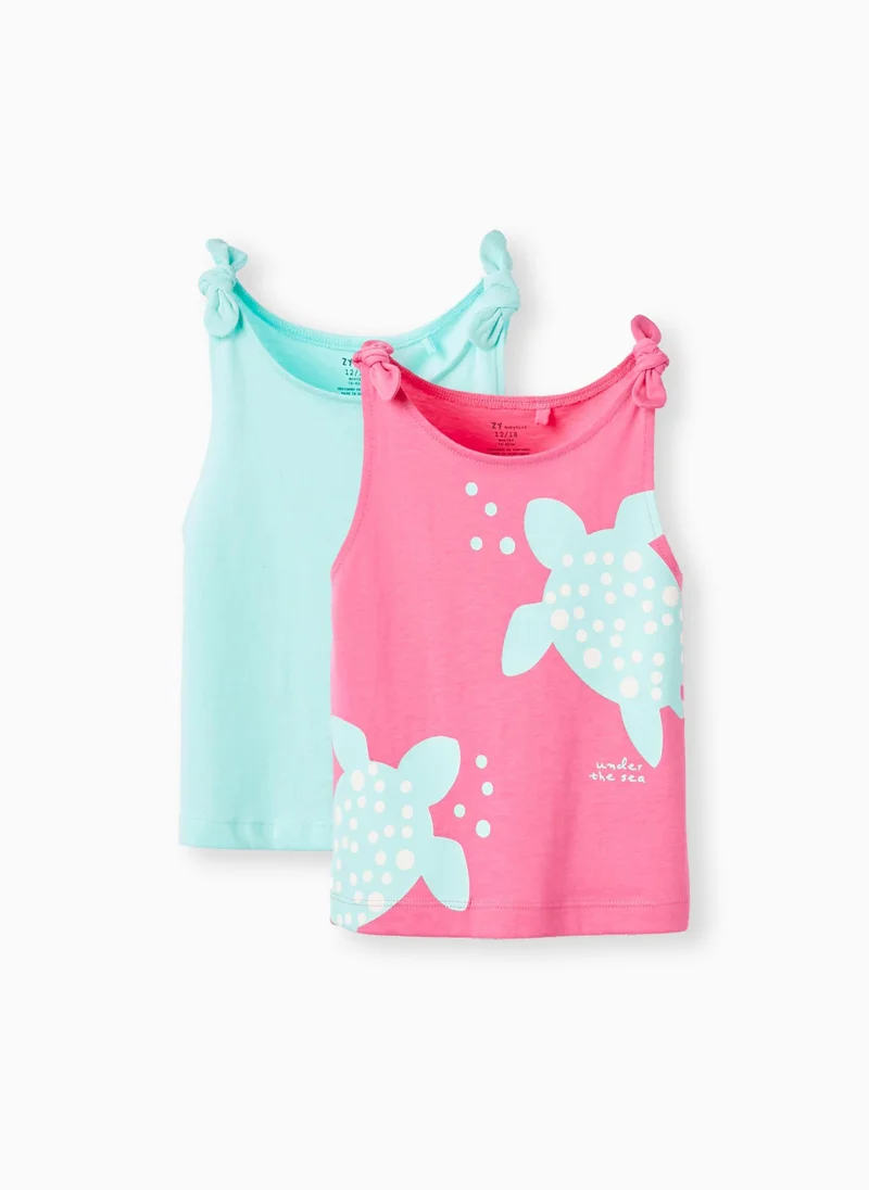 Zippy Pack of 2 Cotton Tops for Baby Girls 'Turtle', Pink/Aqua Green