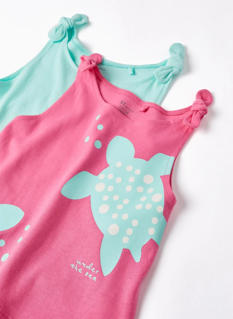 Zippy Pack of 2 Cotton Tops for Baby Girls 'Turtle', Pink/Aqua Green