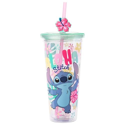 Silver Buffalo Disney Lilo and Stitch “Aloha Stitch” Tropical Island Flowers Plastic Cold Cup with Lid and Straw Topper, 24 Ounces - Image 5