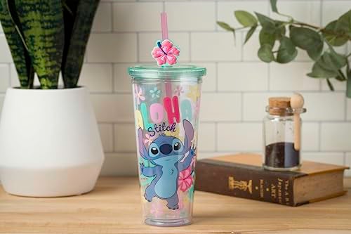 Silver Buffalo Disney Lilo and Stitch “Aloha Stitch” Tropical Island Flowers Plastic Cold Cup with Lid and Straw Topper, 24 Ounces - Image 3