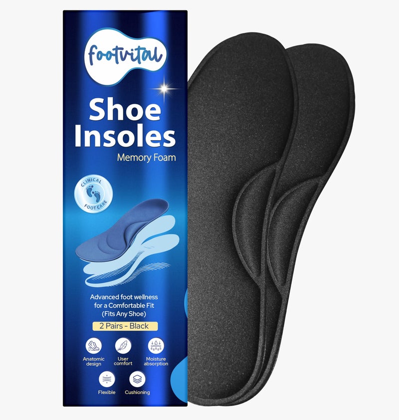 Footvital Memory Foam Shoe Insoles for Men and Women | Soft Cushioned Inserts for Long Standing and Walking | Supports Heel and Arch | Shock Absorbing | Moisture Absorbing | Lightweight Washable Insoles for All Shoes | 2 Pairs | Black | Size 7 - Image 1