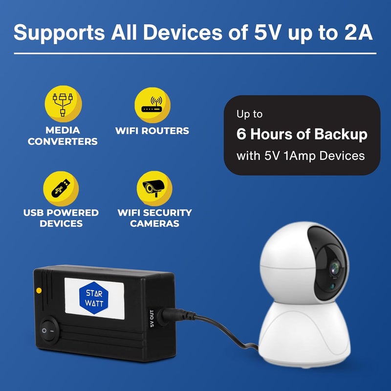 STARWATT UPS صغير 5V مع محول طاقة لأجهزة التوجيه WiFi وكاميرات WiFi والأجهزة التي تعمل بالطاقة البيومترية وUSB | احتياطي طاقة غير منقطع لمدة 3-10 ساعات | يدعم جميع أجهزة 5V حتى 2A | بطارية قابلة للاستبدال - Image 3