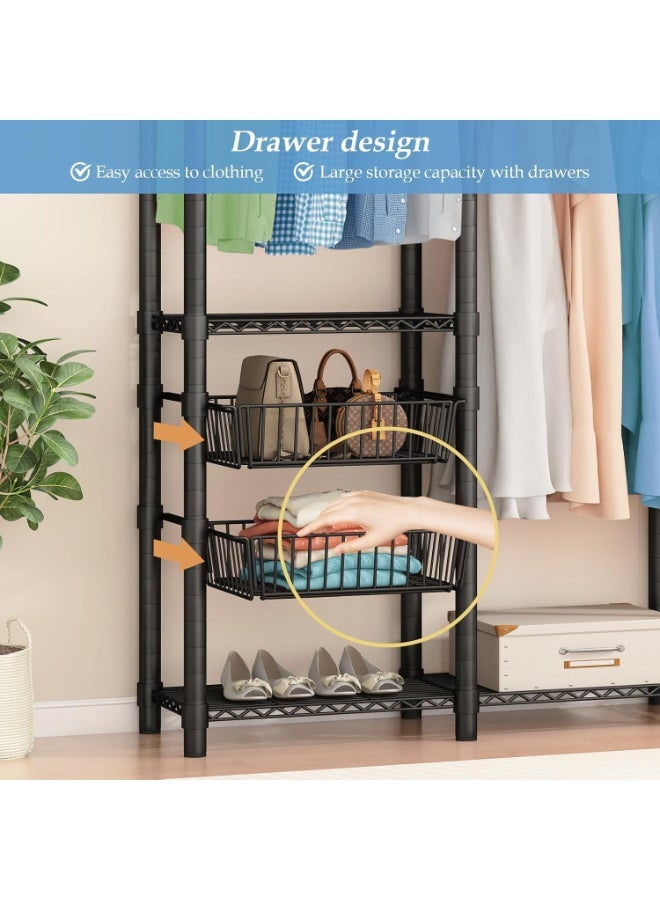 Forthcan Heavy Duty Metal Clothes Rack – Freestanding Portable Wardrobe Closet with 2 Sliding Storage Baskets (192.5 × 45 × 195 cm, Black) - Image 4
