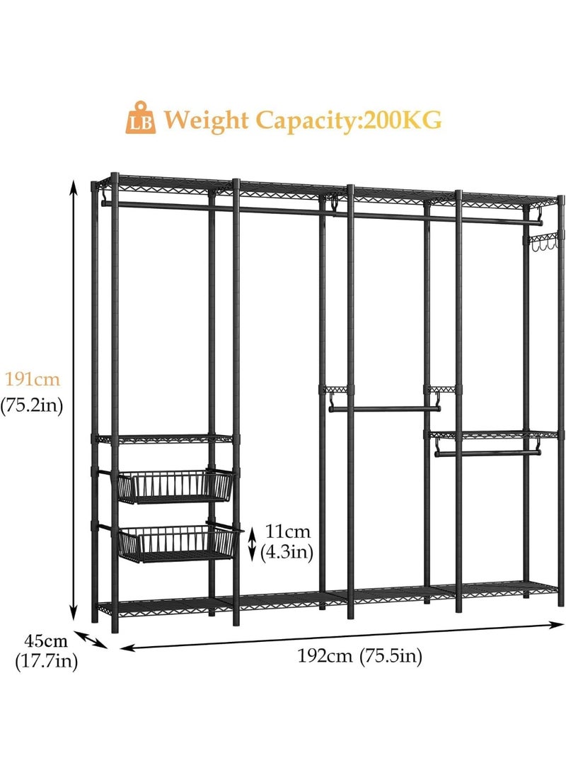 Forthcan Heavy Duty Metal Clothes Rack – Freestanding Portable Wardrobe Closet with 2 Sliding Storage Baskets (192.5 × 45 × 195 cm, Black) - Image 3