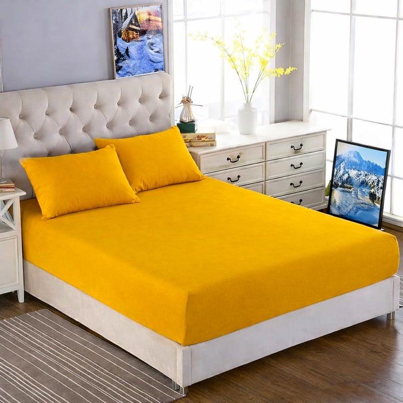 Luxury Fitted Bed Sheet with Elastic, 100% Cotton, Yellow, 160 cm Size, 30 cm Depth, 3 Piece Set with 2 Pillowcases 50x70 cm