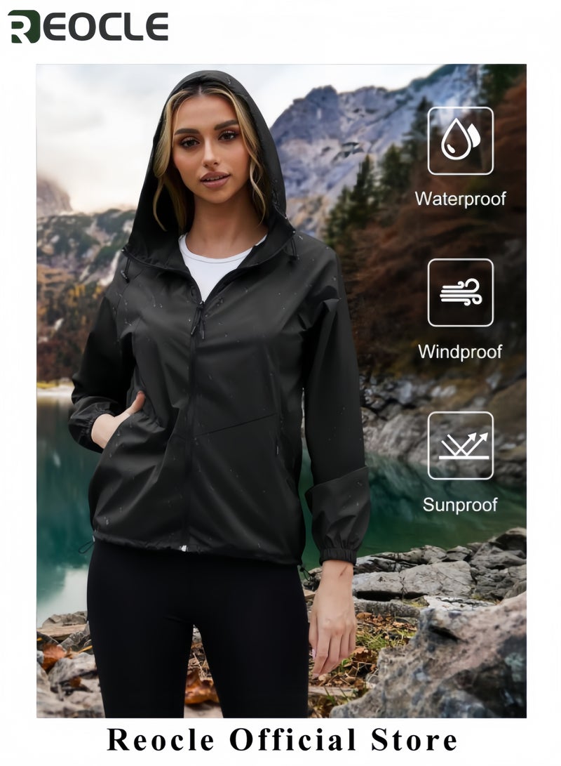 REOCLE Womens Rain Jacket Waterproof Lightweight Packable Outdoor Hooded Windbreaker Windproof Adjustable Raincoat - Image 2