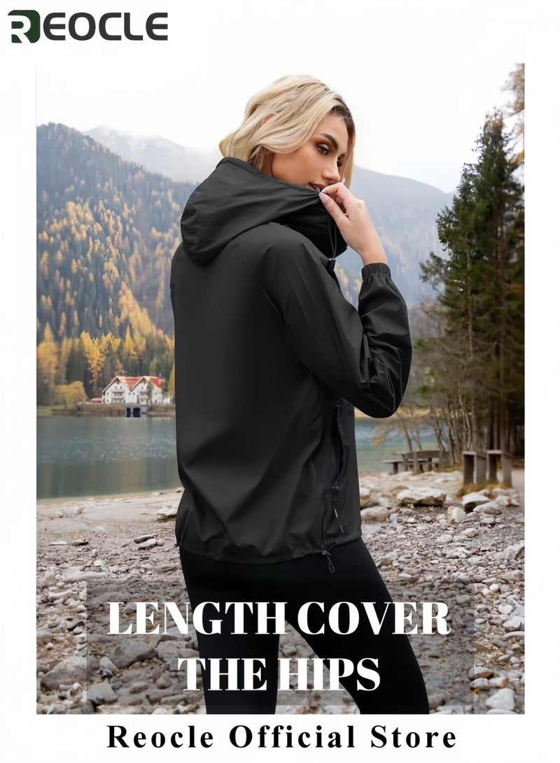 REOCLE Womens Rain Jacket Waterproof Lightweight Packable Outdoor Hooded Windbreaker Windproof Adjustable Raincoat - Image 3
