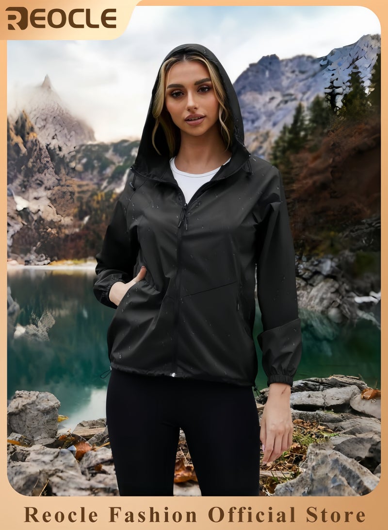 REOCLE Womens Rain Jacket Waterproof Lightweight Packable Outdoor Hooded Windbreaker Windproof Adjustable Raincoat - Image 1