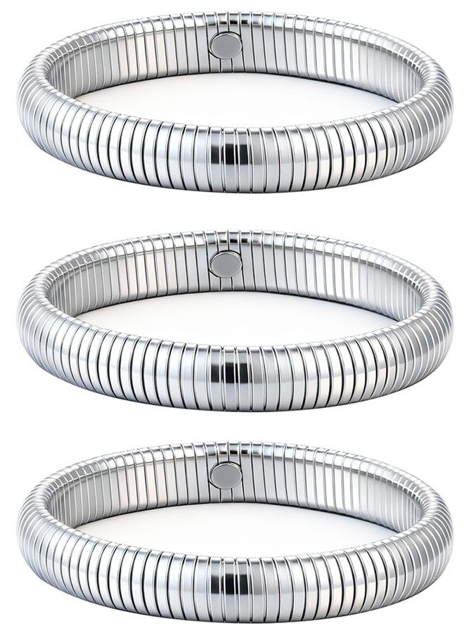 JUNYANGY Silver Bangles for Women Set of 3 Silver Chunky Stretch Bangles Bracelets 925 Silver Plated Stainless Steel Bracelets Flexible Wide Silver Stack Bracelet Designer Look Alike Jewelry for Women - Image 1