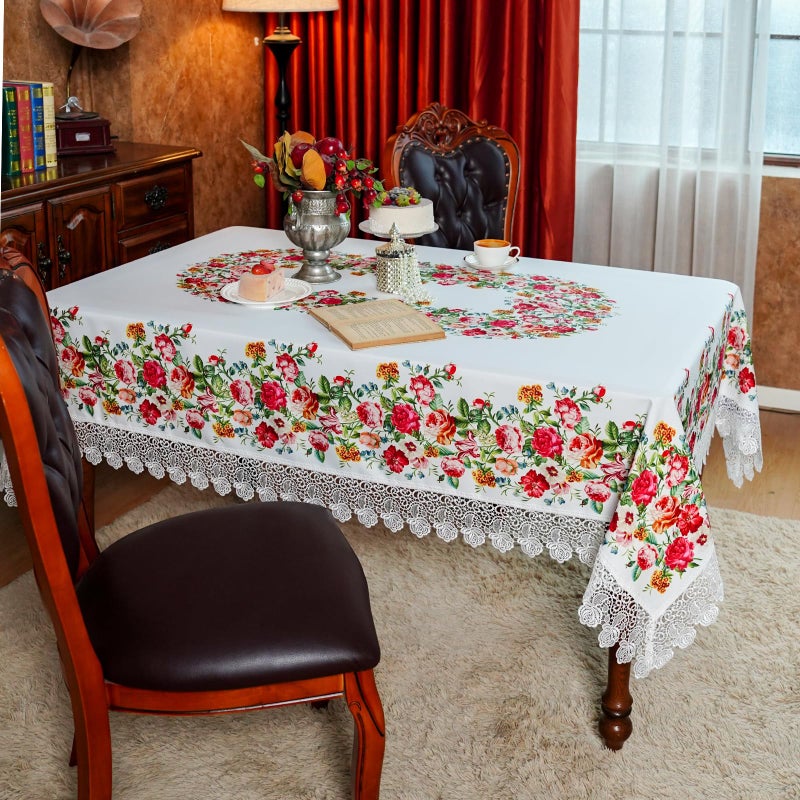 SUTAVIA Floral Lace Tablecloths Waterproof Rectangle Table Cloth Farmhouse Washable Table Cover for Home Holiday Thanksgiving Christmas Party Dining Table (White, 60"x104") - Image 2