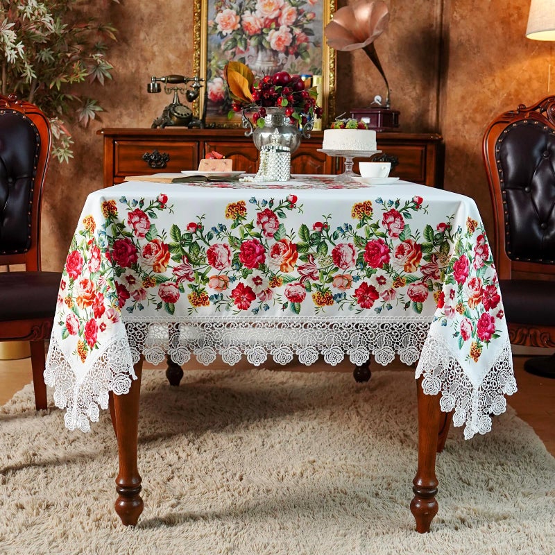 SUTAVIA Floral Lace Tablecloths Waterproof Rectangle Table Cloth Farmhouse Washable Table Cover for Home Holiday Thanksgiving Christmas Party Dining Table (White, 60"x104") - Image 5