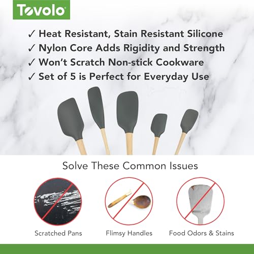 Tovolo Silicone Spatula with Wooden Handle Set of 5 Piece Silicone Kitchen Utensil Set Spoonula Jar Scraper Mini Spatula and Spoonula for Cooking Baking Mixing Folding Charcoal Gray - Image 3