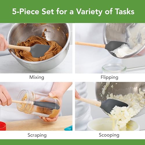 Tovolo Silicone Spatula with Wooden Handle Set of 5 Piece Silicone Kitchen Utensil Set Spoonula Jar Scraper Mini Spatula and Spoonula for Cooking Baking Mixing Folding Charcoal Gray - Image 2