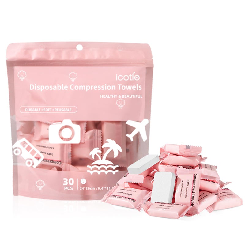 ICOTLE Compressed Towel 30 Pcs Disposable Compressed Face Towel Portable Cotton Coin Tissue Camping Towel for Travel/Home/Outdoor Activities - Image 1