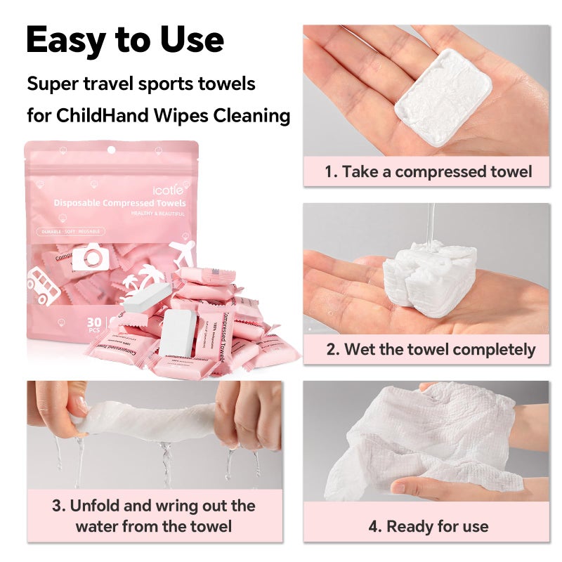 ICOTLE Compressed Towel 30 Pcs Disposable Compressed Face Towel Portable Cotton Coin Tissue Camping Towel for Travel/Home/Outdoor Activities - Image 5